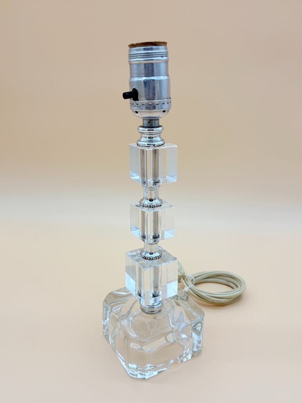 Vintage Lucite Lamp 11.5 Inch Stacked Cube Chrome 1970s MCM Hollywood Regency